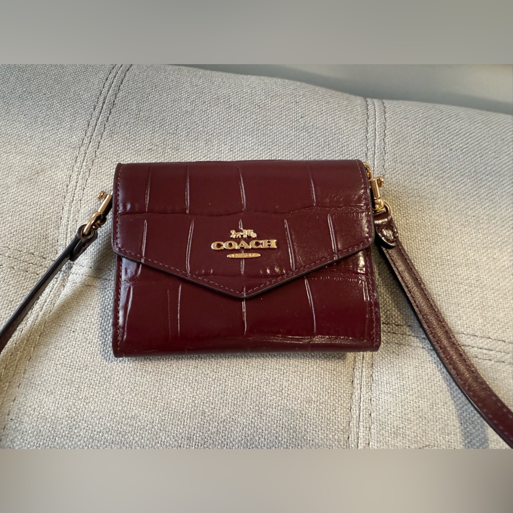 Coach Maroon Croc-Embossed Mini Wallet Crossbody
